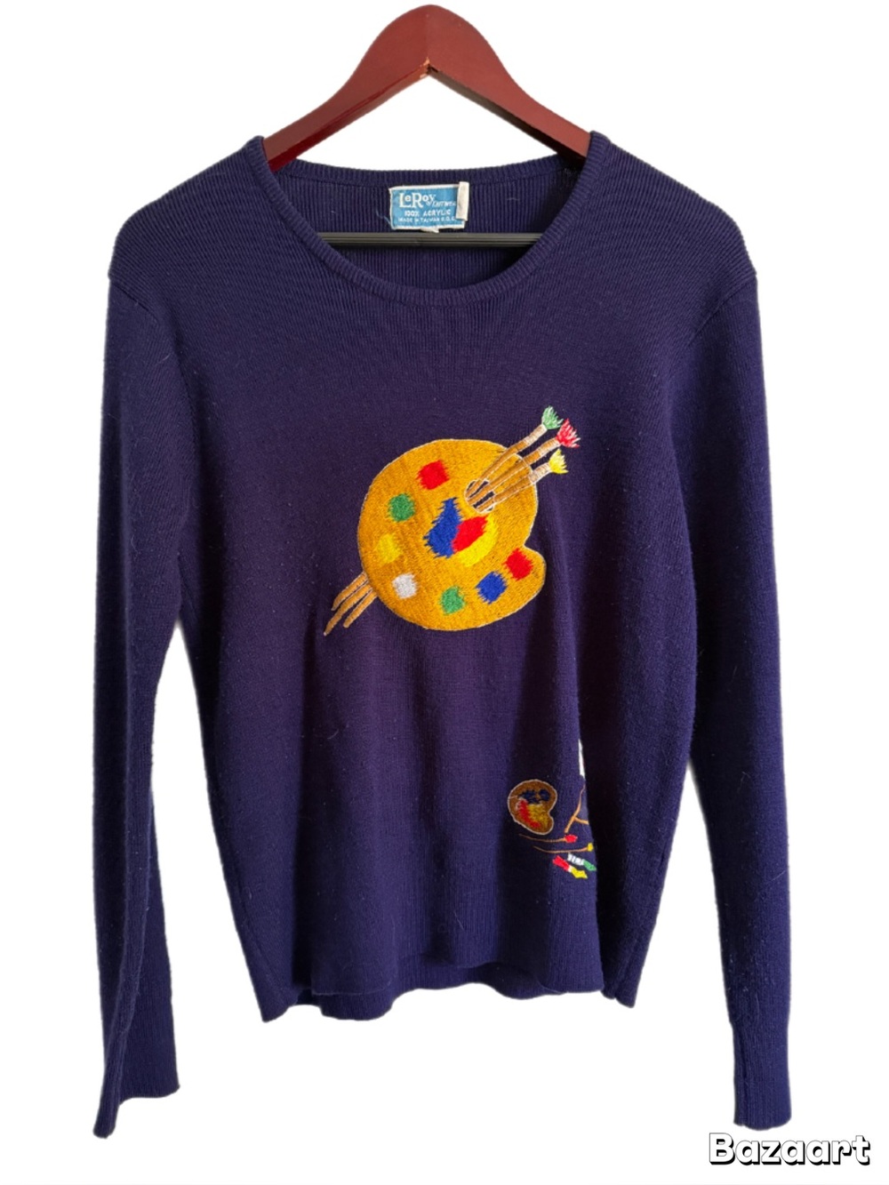 Vintage LeRoy Artist Palette Embroidered Sweater Navy Knit Size Large